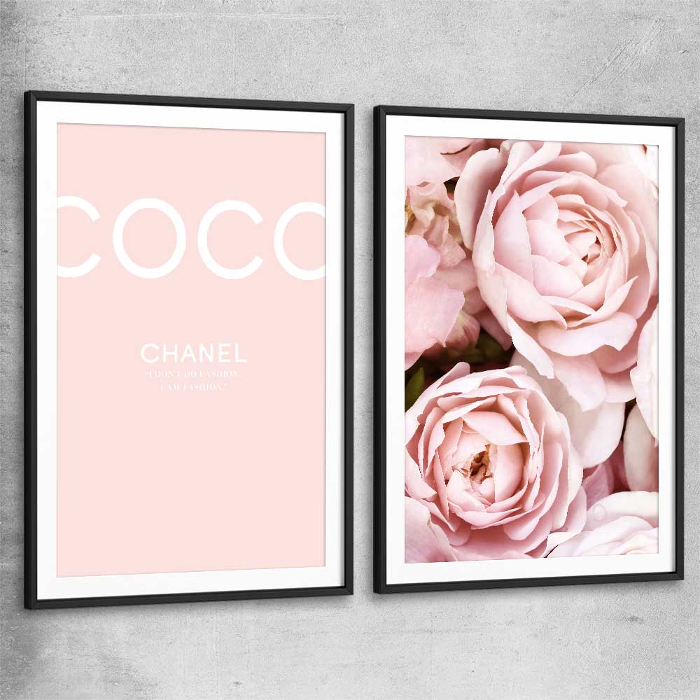Coco Pink Pair black glass front frame - part of our high quality fashion canvas wall art and prints collection