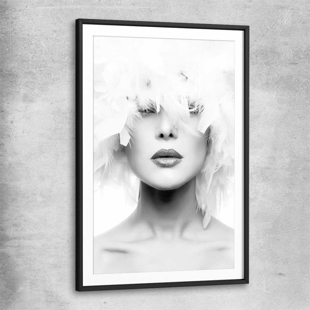 Feather Lips black glass front frame - part of our high quality fashion canvas wall art and prints collection