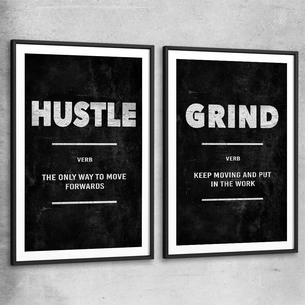 Inspirational wall art print of Hustle Definition Pair with black glass front frame