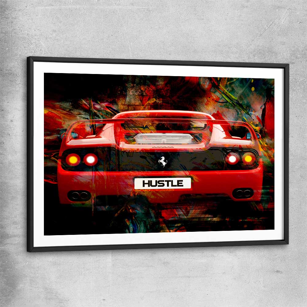 Inspirational wall art print of Hustle Fast with black glass front frame