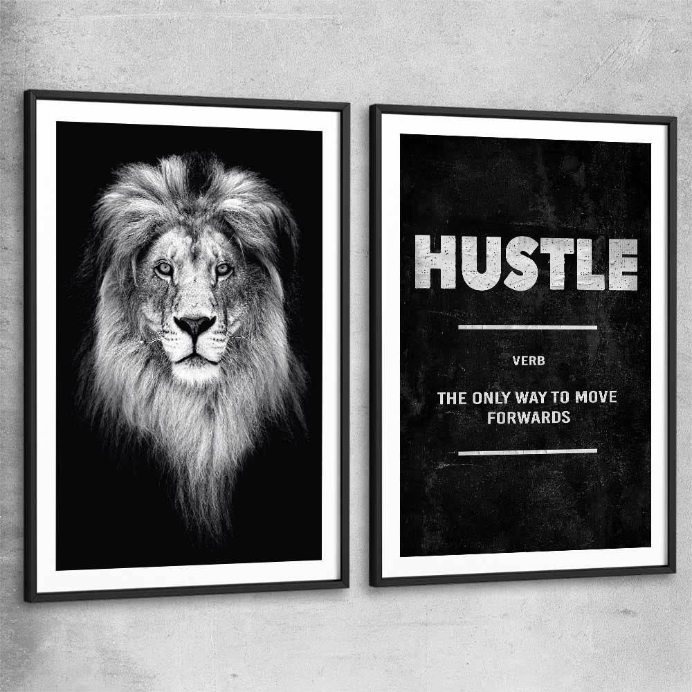 Inspirational wall art print of Lion Gaze Pair with black glass front frame