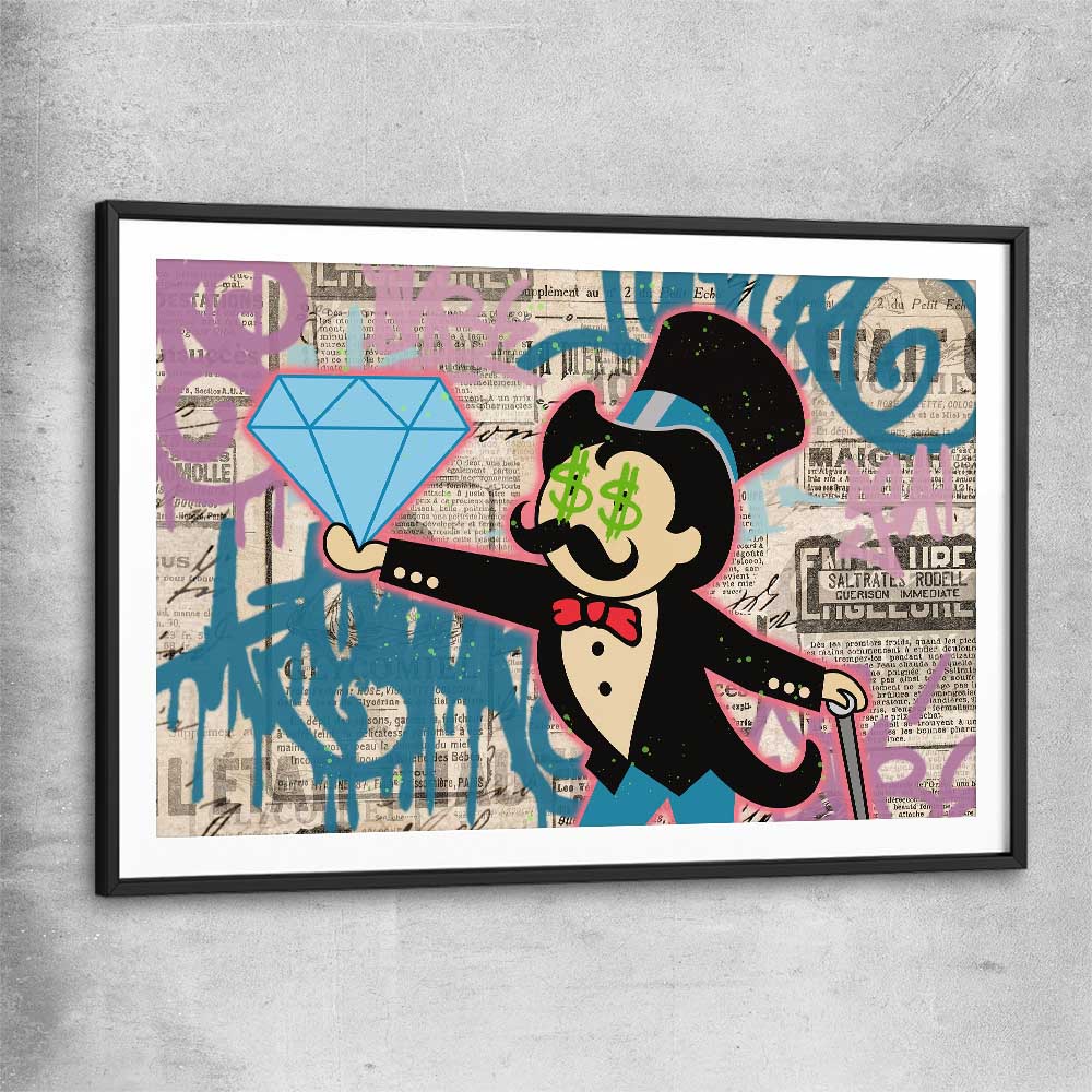 Inspirational wall art print of Moneybags Diamond with black glass front frame