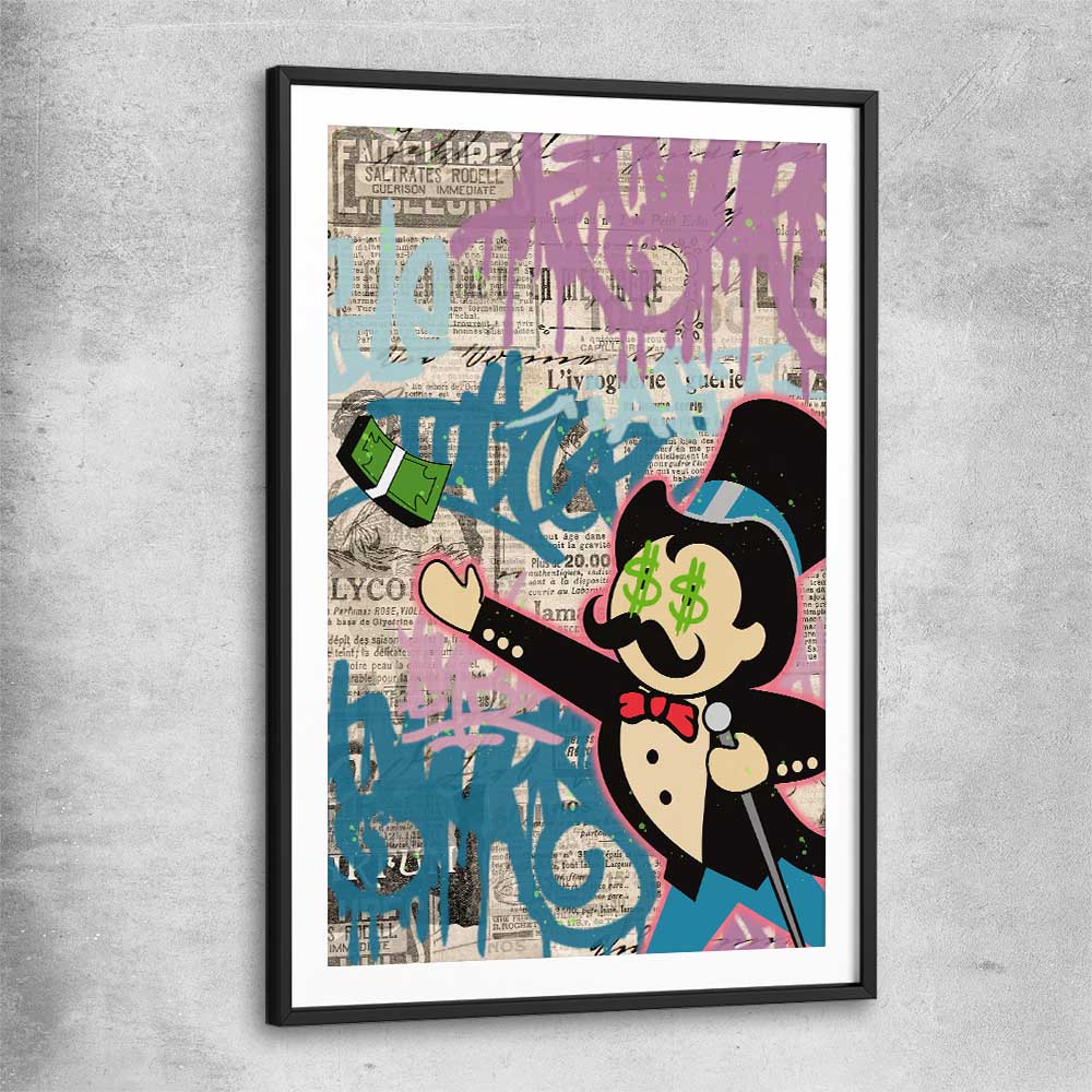 Moneybags Graffiti black glass front frame - part of our high quality fashion canvas wall art and prints collection
