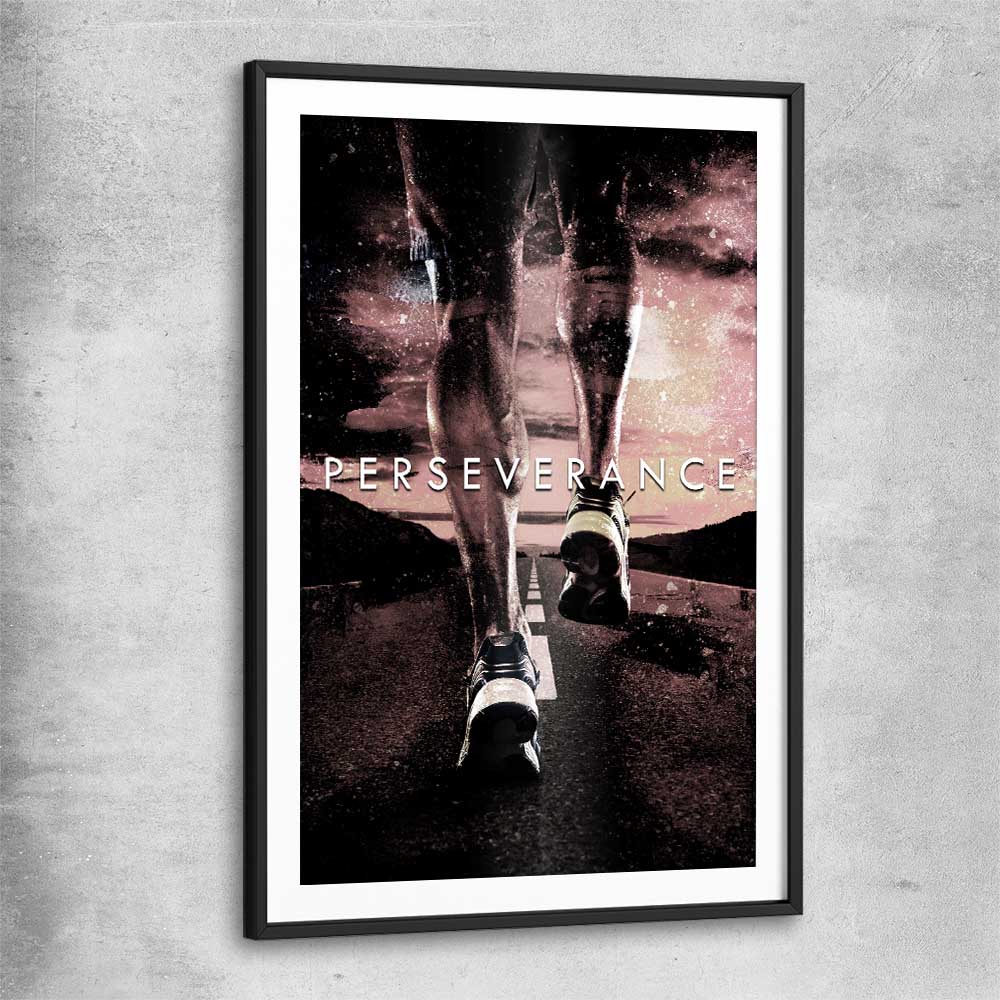 Inspirational wall art print of Perseverance with black glass front frame