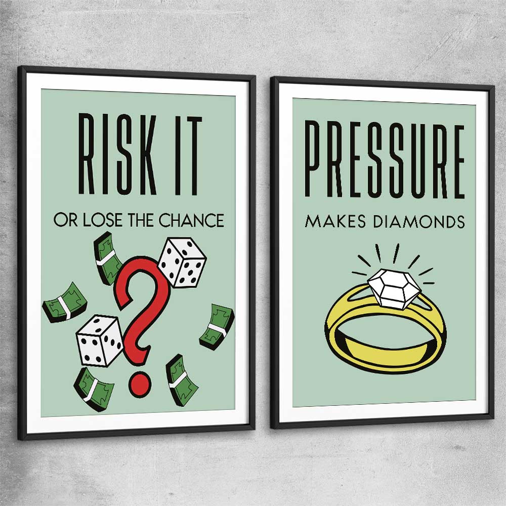 Inspirational wall art print of Roll the Dice Pair with black glass front frame