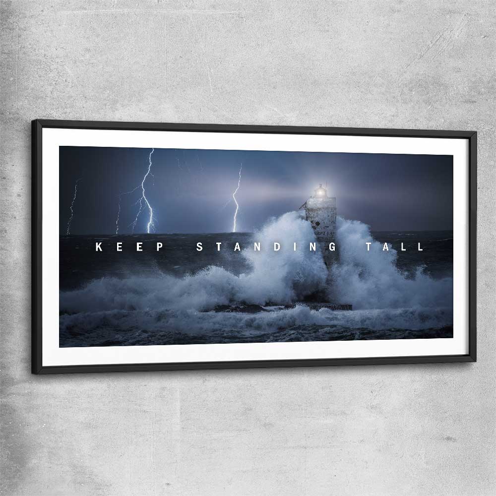 Inspirational wall art print of Stand Tall with black glass front frame