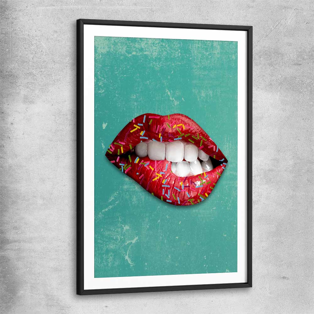 Candy Pop black glass front frame - part of our high quality canvas lips wall art collection