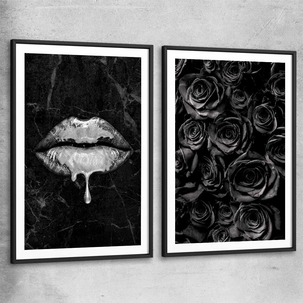 Darkened Lust Pair black glass front frame - part of our high quality canvas lips wall art collection