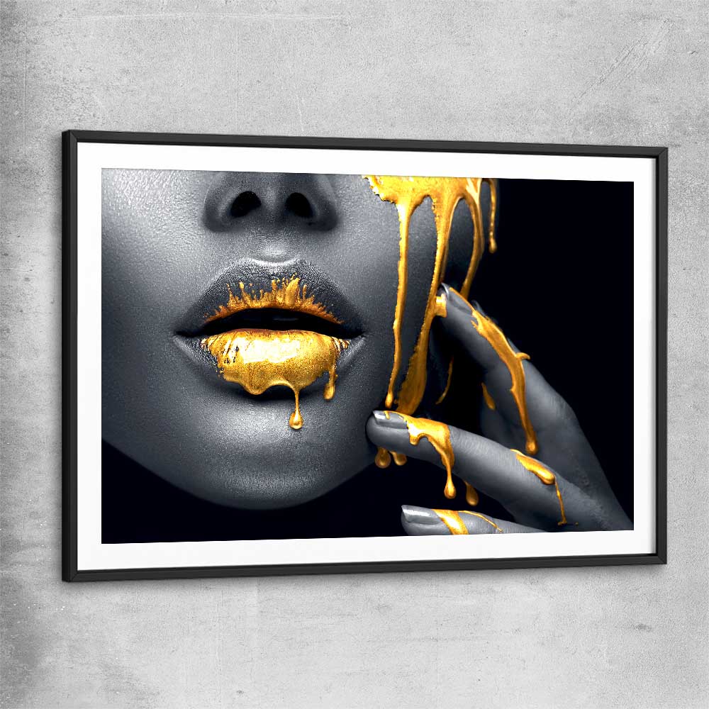 Golden Desire black glass front frame - part of our high quality canvas lips wall art collection