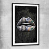 Money Lips black glass front frame - part of our high quality canvas lips wall art collection