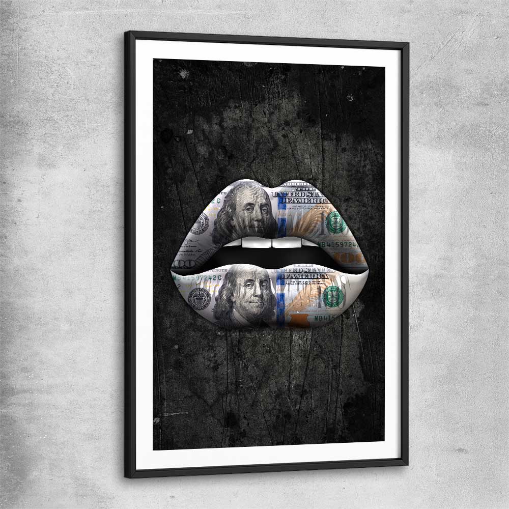 Money Lips black glass front frame - part of our high quality canvas lips wall art collection
