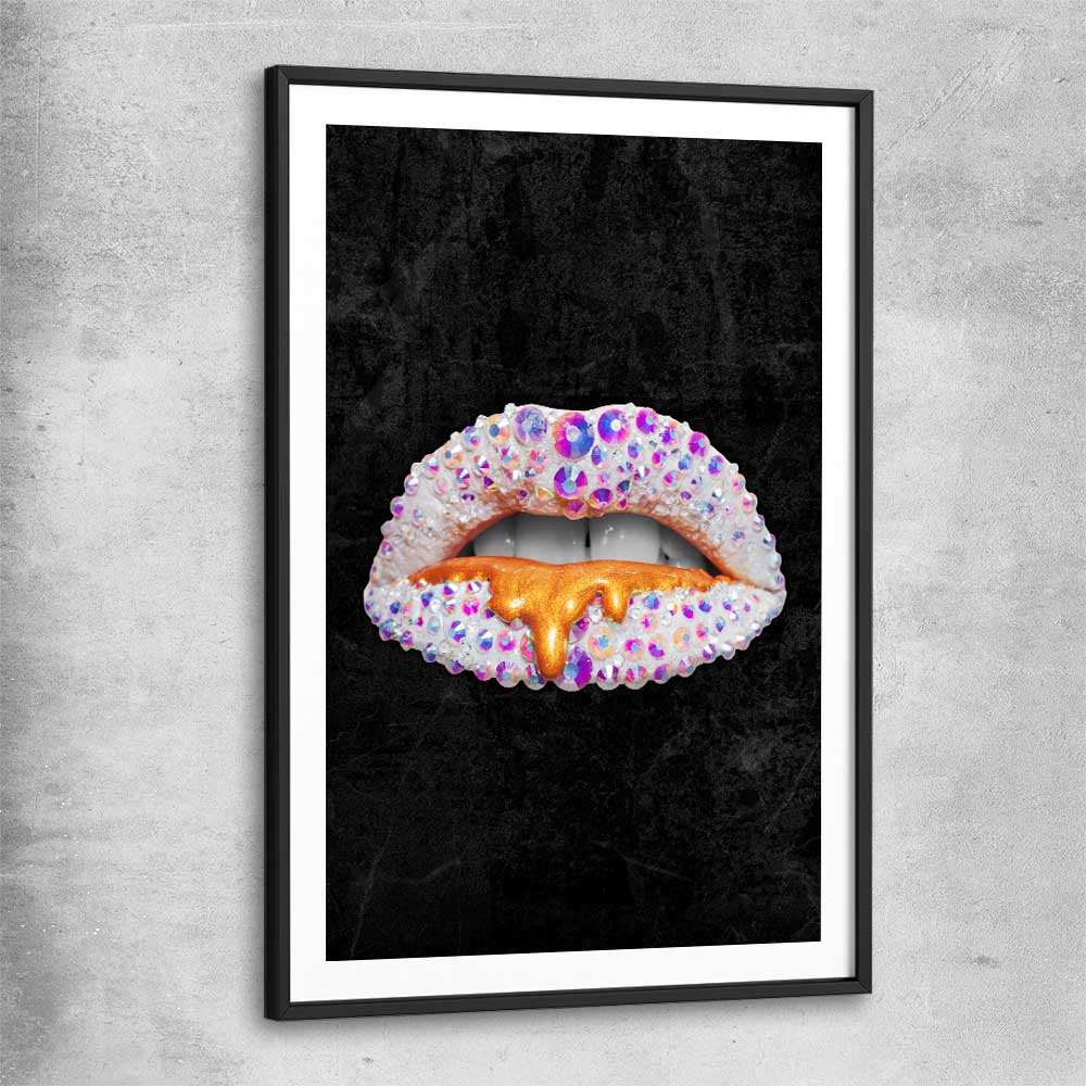 Purple Diamonds black glass front frame - part of our high quality canvas lips wall art collection