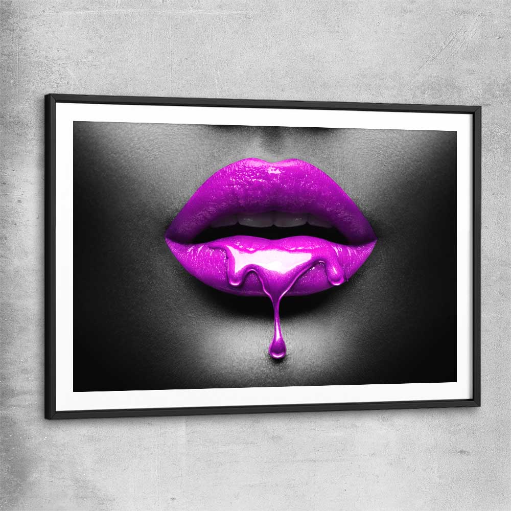 Purple Lust black glass front frame - part of our high quality canvas lips wall art collection
