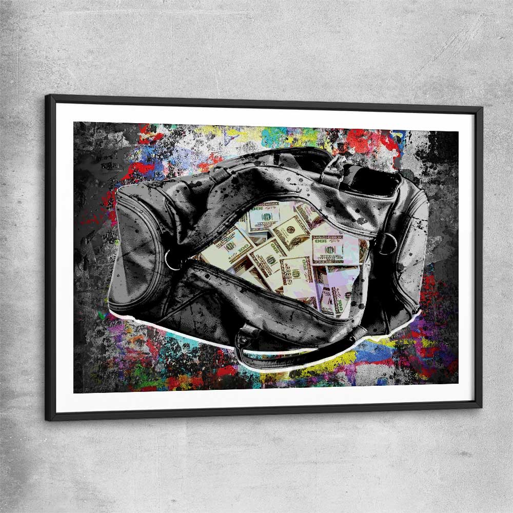 Money wall art print of Cash Duffel with black glass front frame