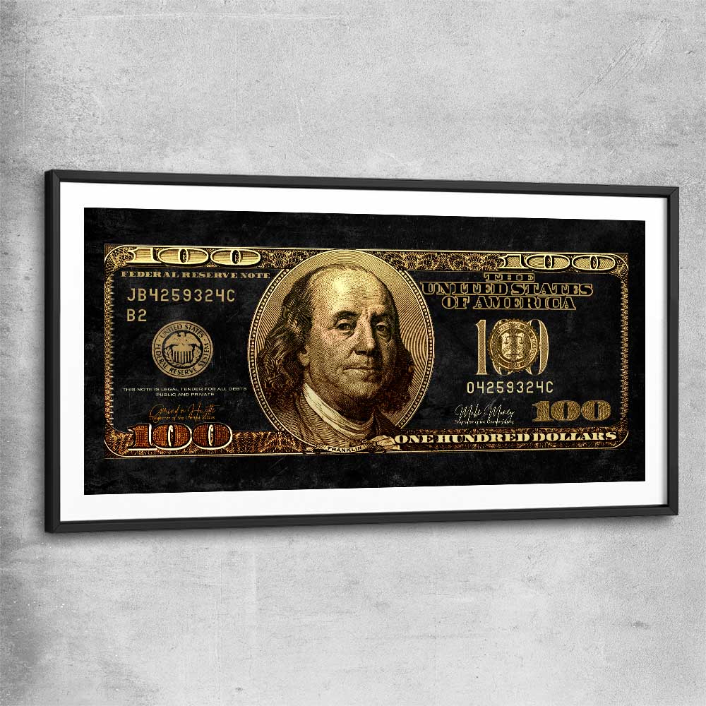 Money wall art print of Golden Bill with black glass front frame