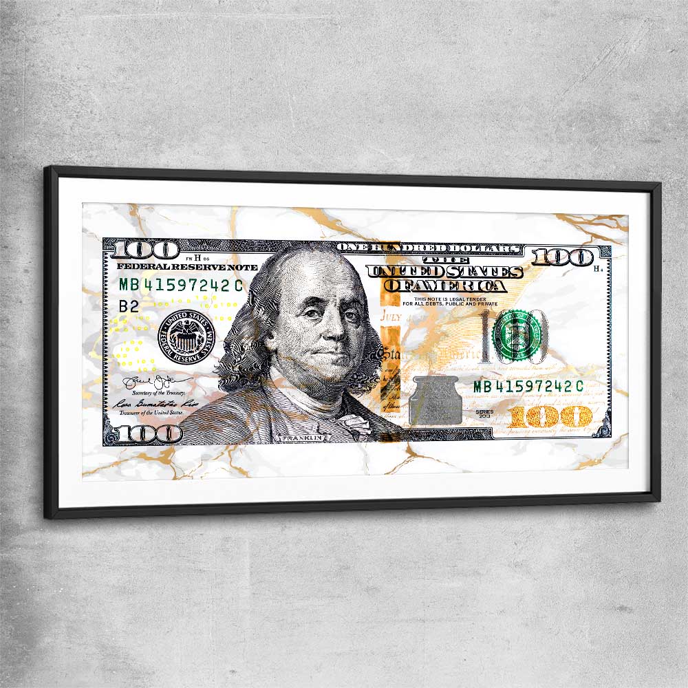 Money wall art print of Marble Bill with black glass front frame