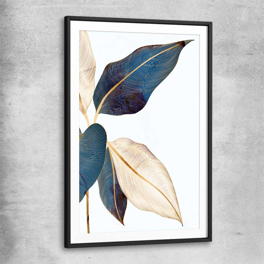 Floral print of Botanic Blue One with black glass front frame