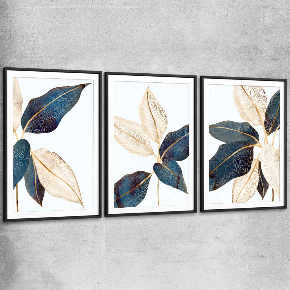 Floral print of Botanic Blue Set with black glass front frame