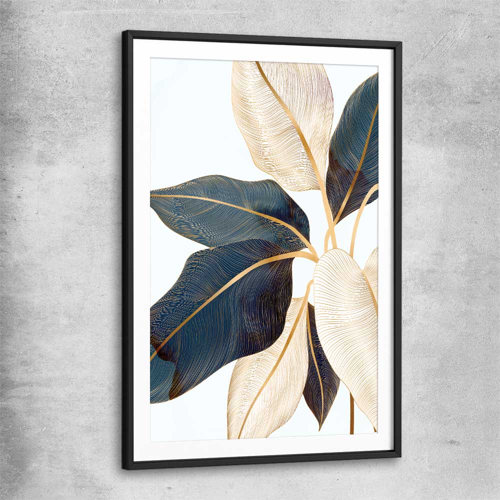 Floral print of Botanic Blue Three with black glass front frame