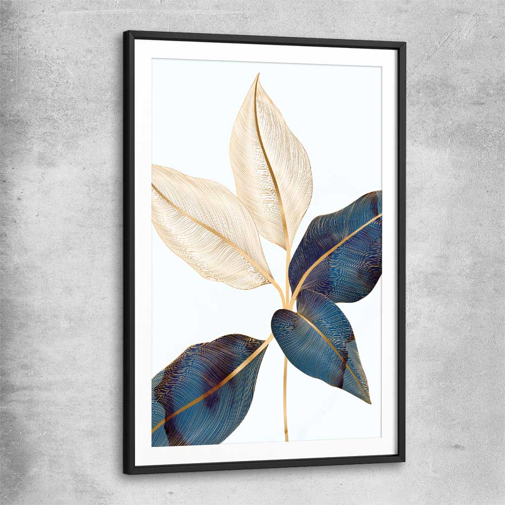 Floral print of Botanic Blue Two with black glass front frame