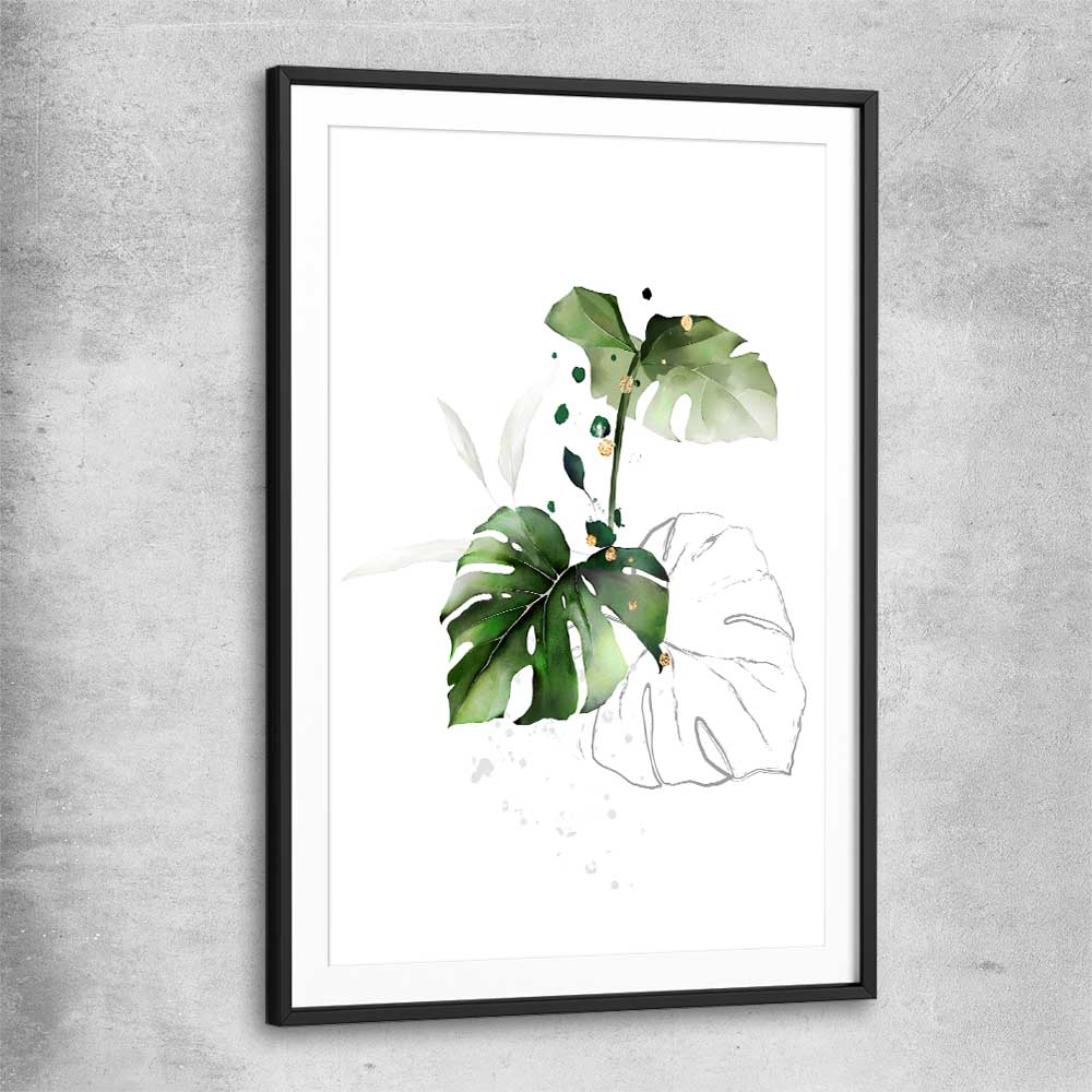 Floral print of Botanic Gold Three with black glass front frame