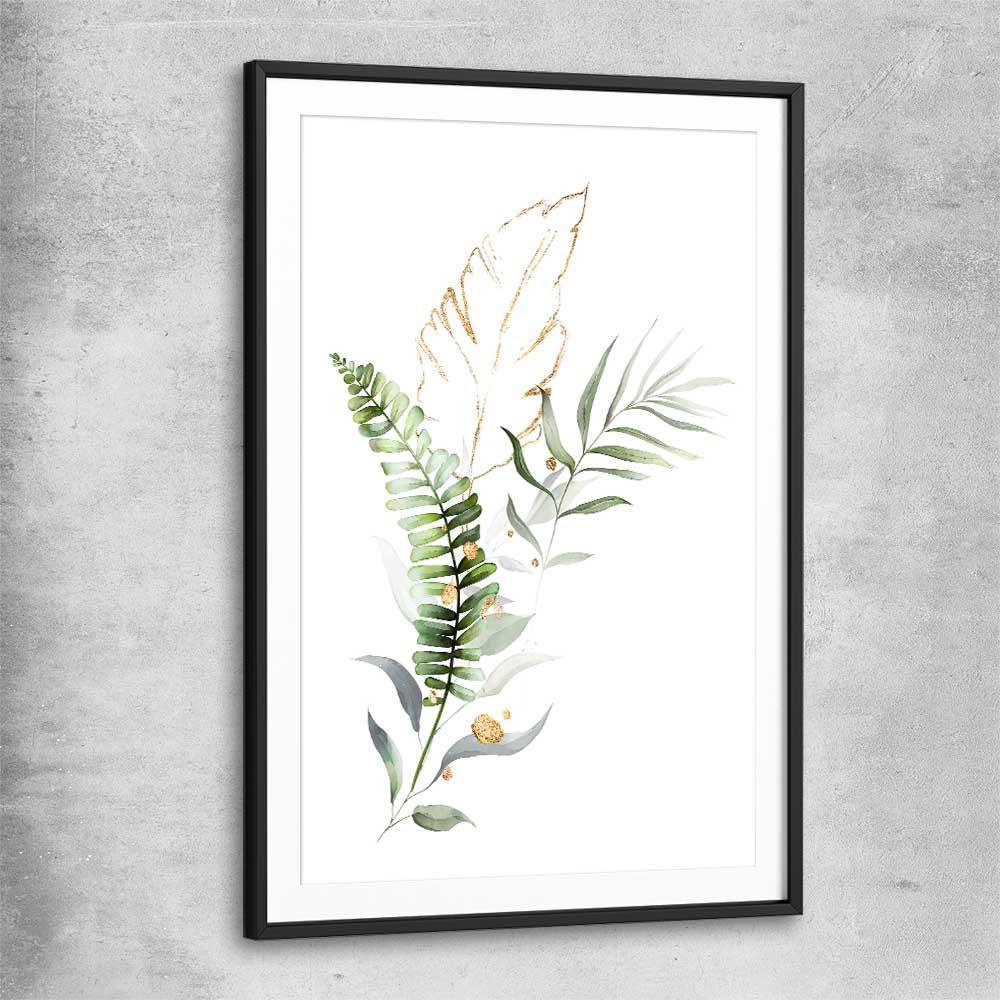 Floral print of Botanic Gold Two with black glass front frame