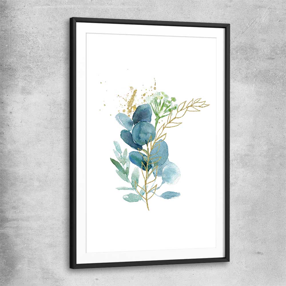 Floral print of Eucalyptus Bunch One with black glass front frame