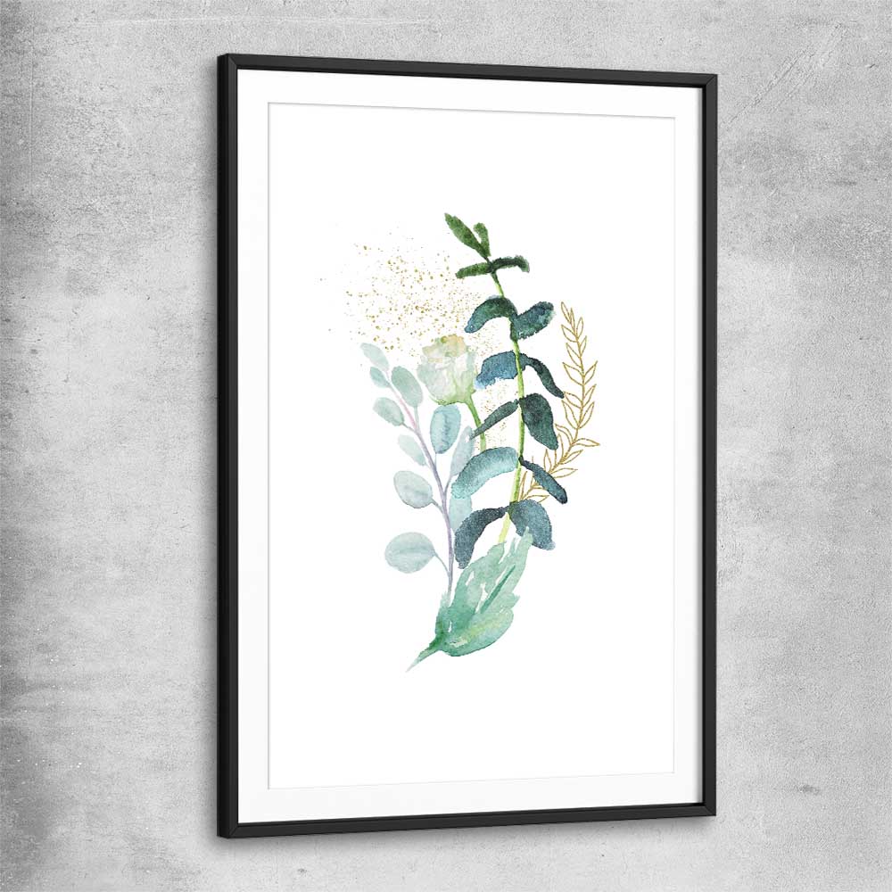 Floral print of Eucalyptus Bunch Three with black glass front frame