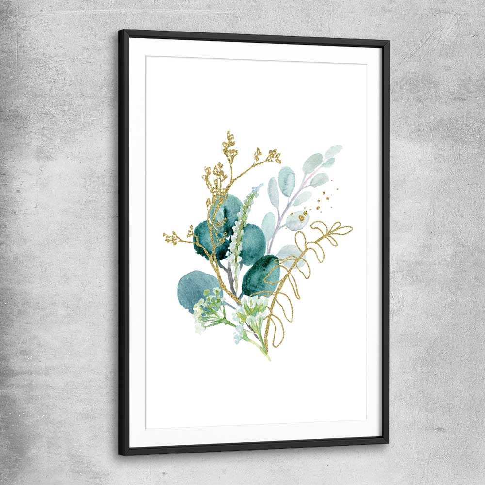Floral print of Eucalyptus Bunch Two with black glass front frame