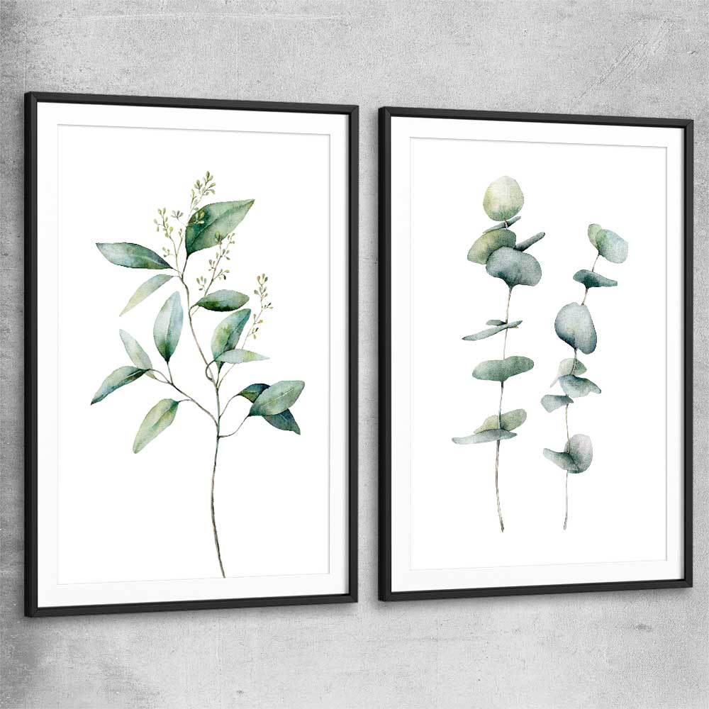Floral print of Eucalyptus Pair One with black glass front frame