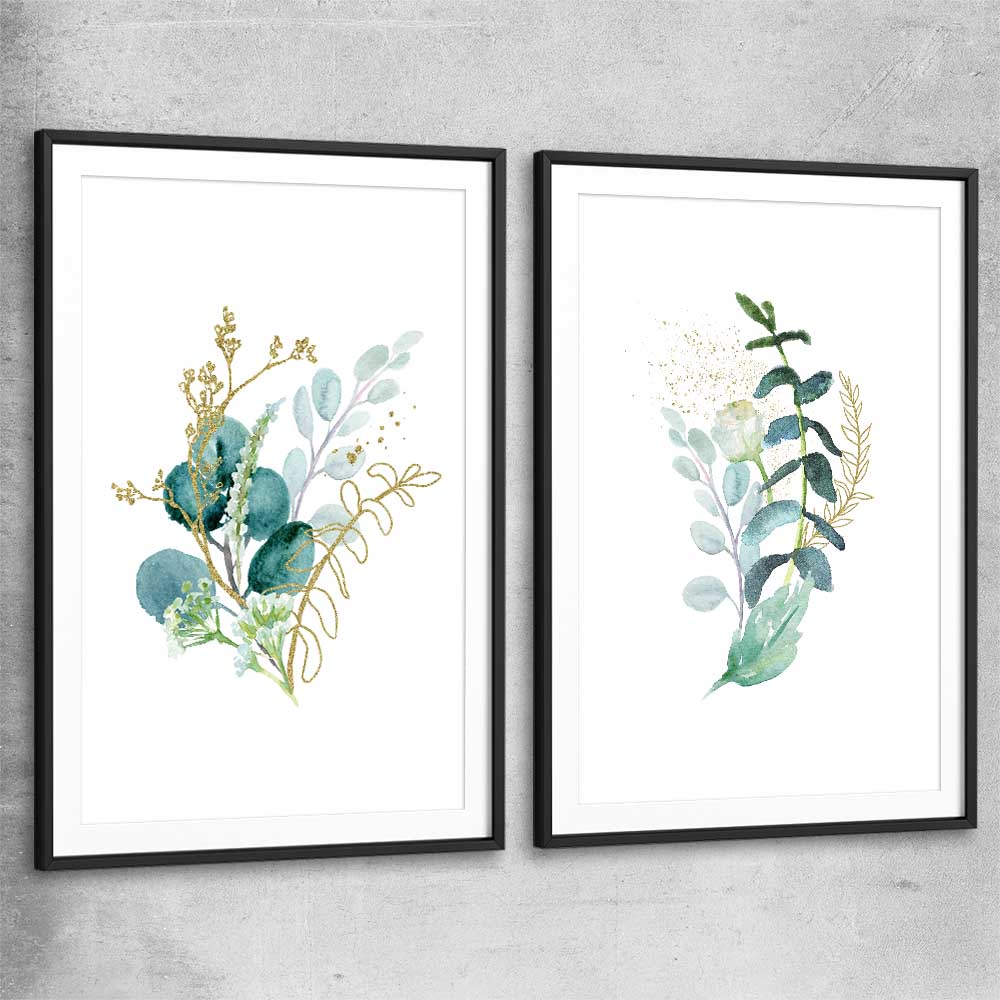 Floral print of Eucalyptus Pair Two with black glass front frame
