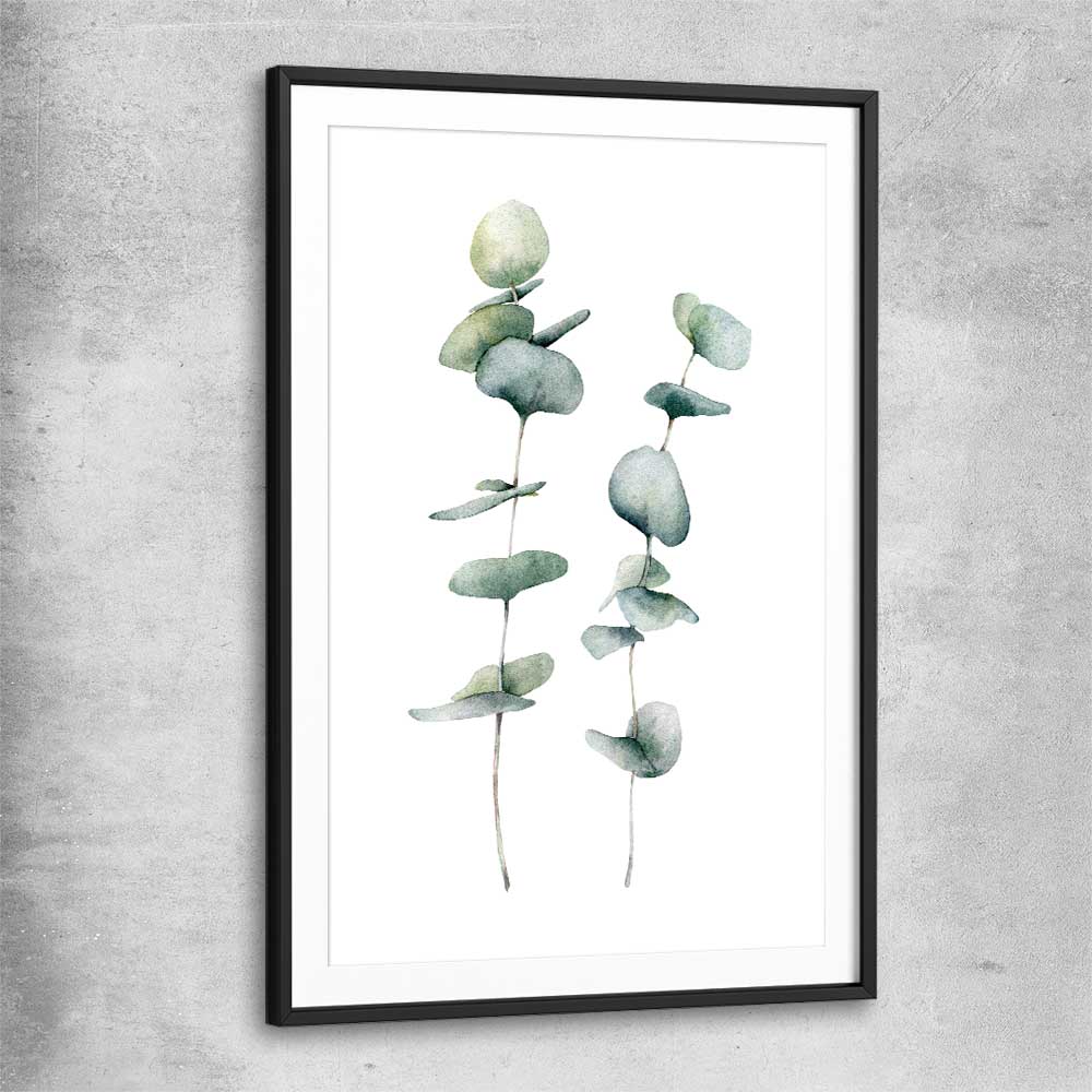 Floral print of Eucalyptus Three with black glass front frame