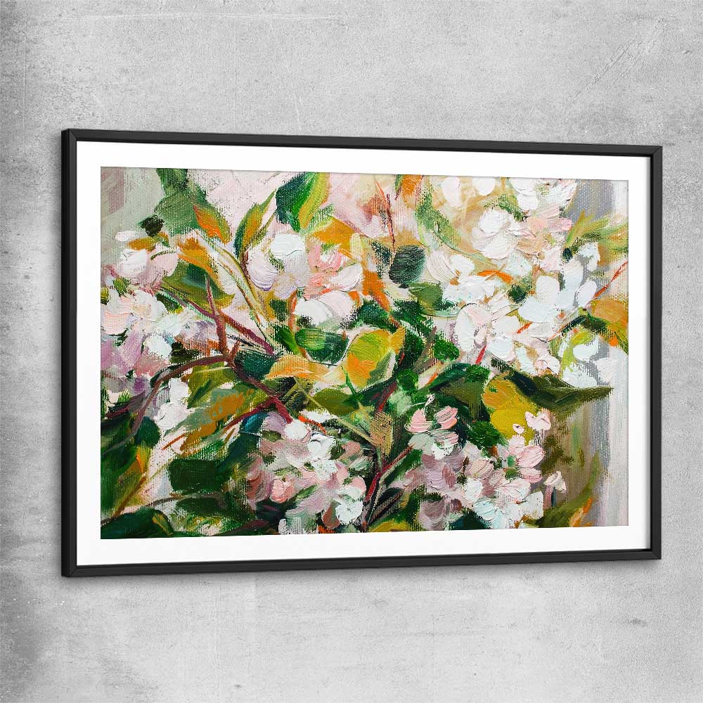 Floral print of Green Blossom with black glass front frame