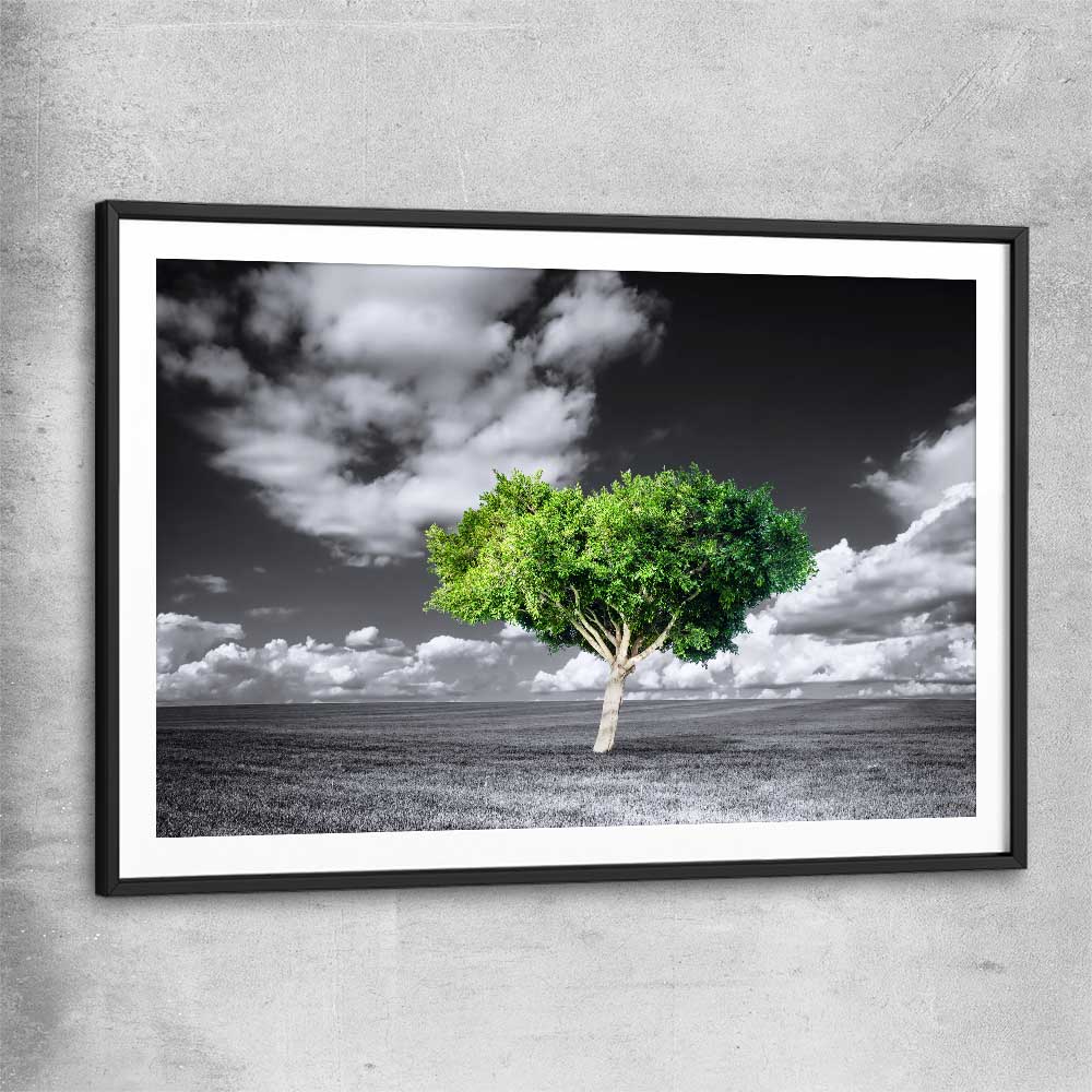 Floral print of Green Tree Horizon with black glass front frame