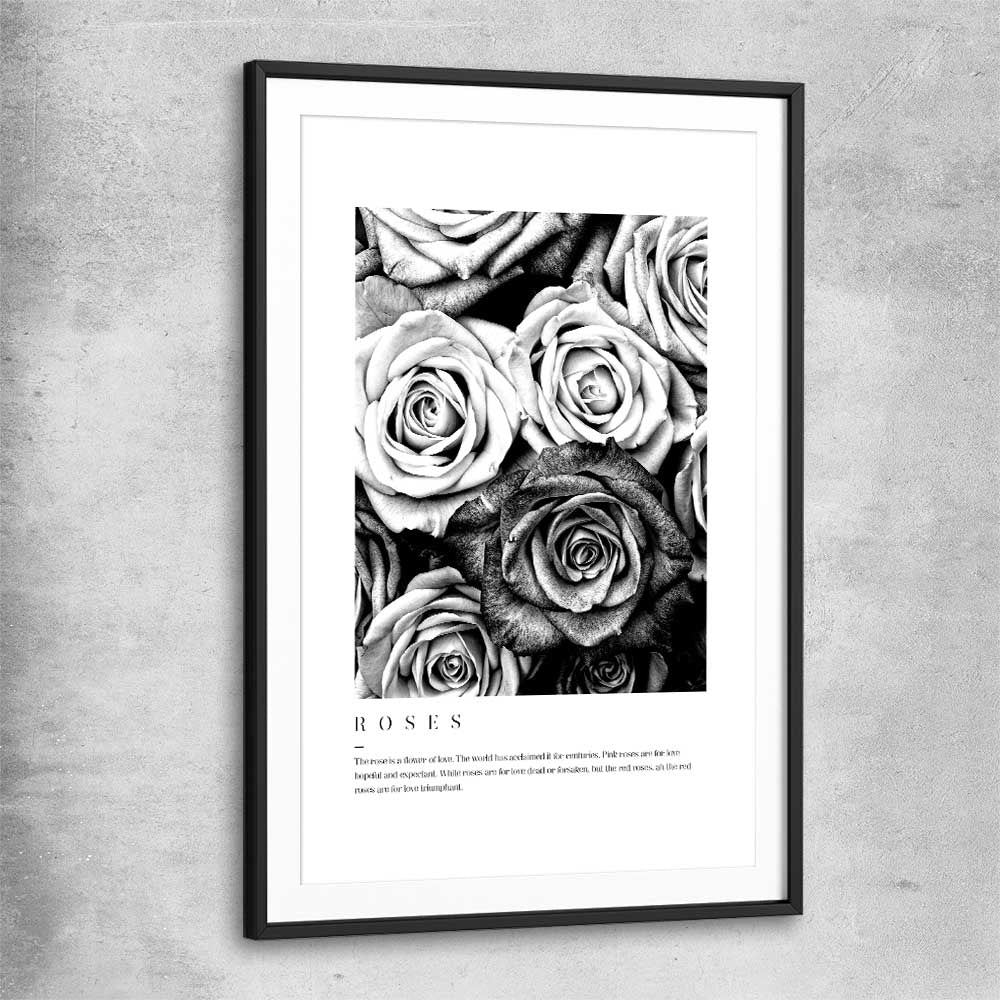 Floral print of Grey Flowers Typo with black glass front frame