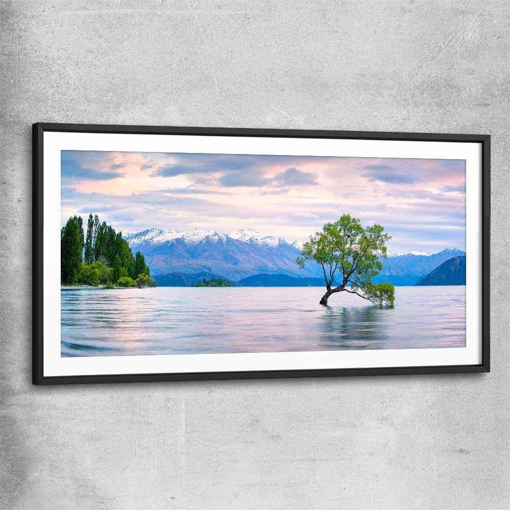 Floral print of Lake Wanaka Landscape with black glass front frame