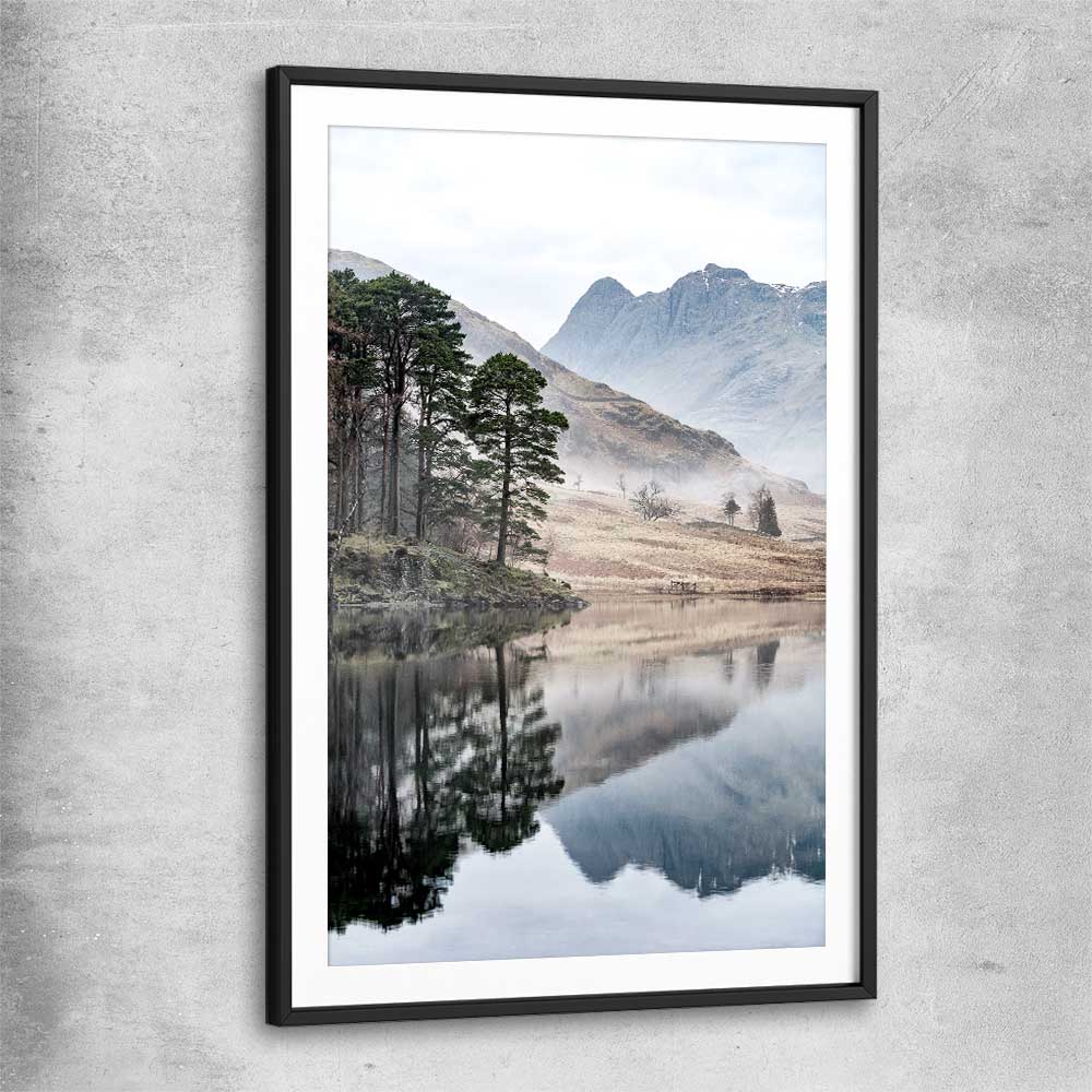 Floral print of Mountain Fog with black glass front frame