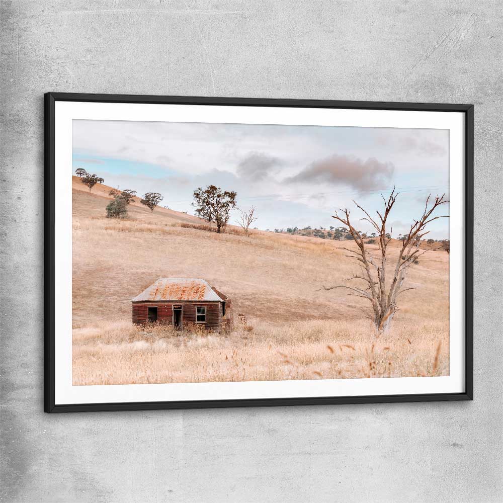 Floral print of Rural Farmhouse with black glass front frame