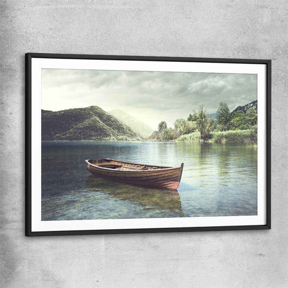 Floral print of Tranquil Wooden Boat with black glass front frame