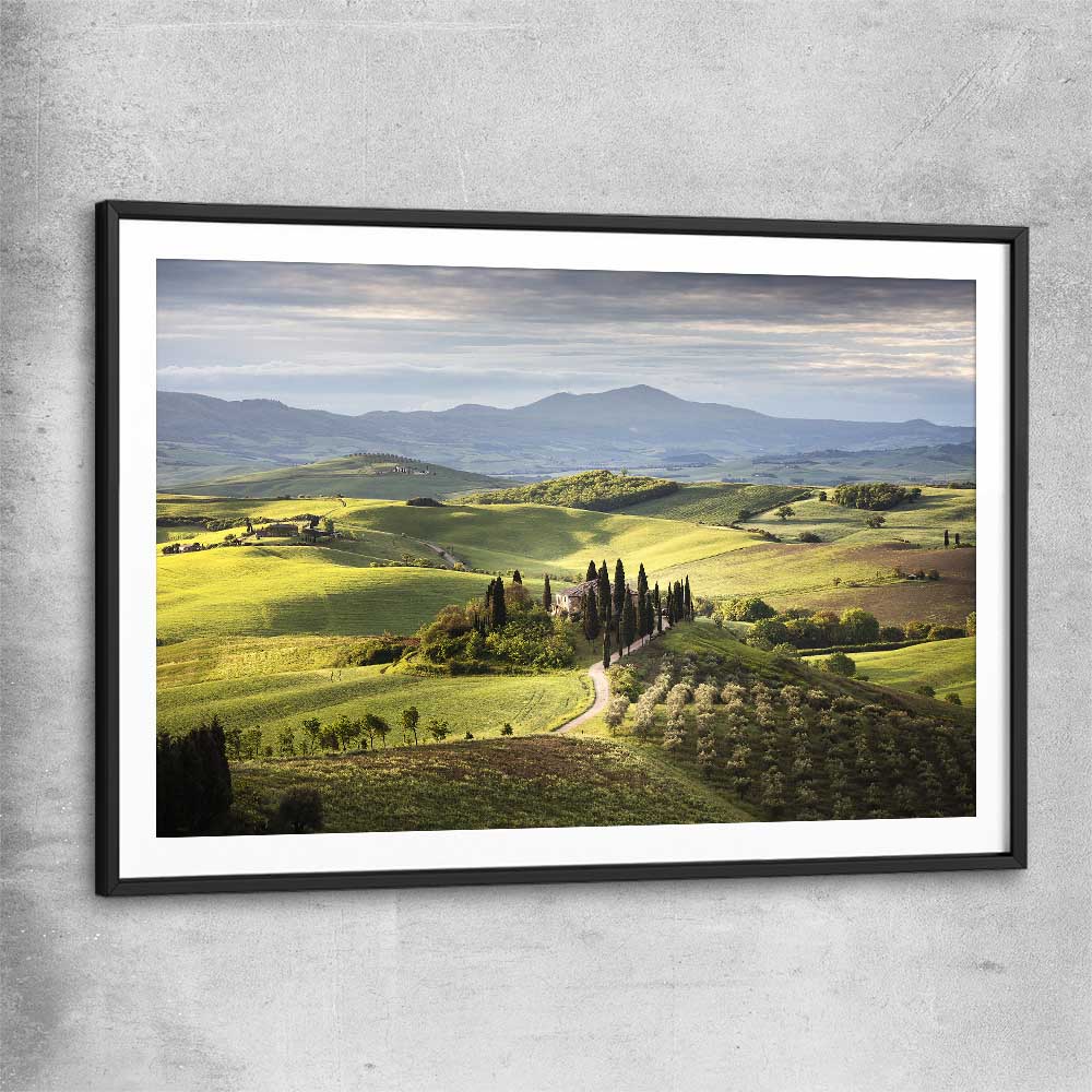 Floral print of Tuscan Countryside with black glass front frame