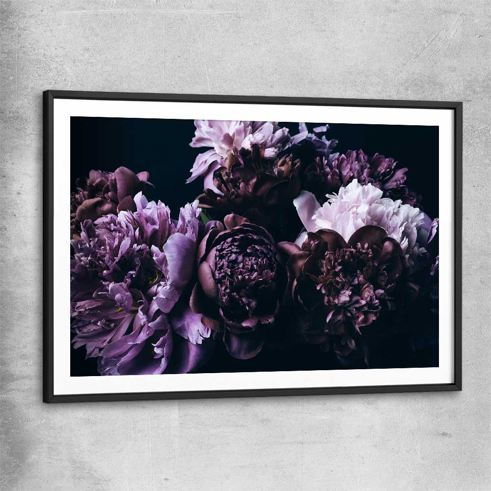Floral print of Violet Peonies with black glass front frame