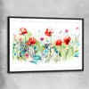 Floral print of Watercolour Red Poppies with black glass front frame