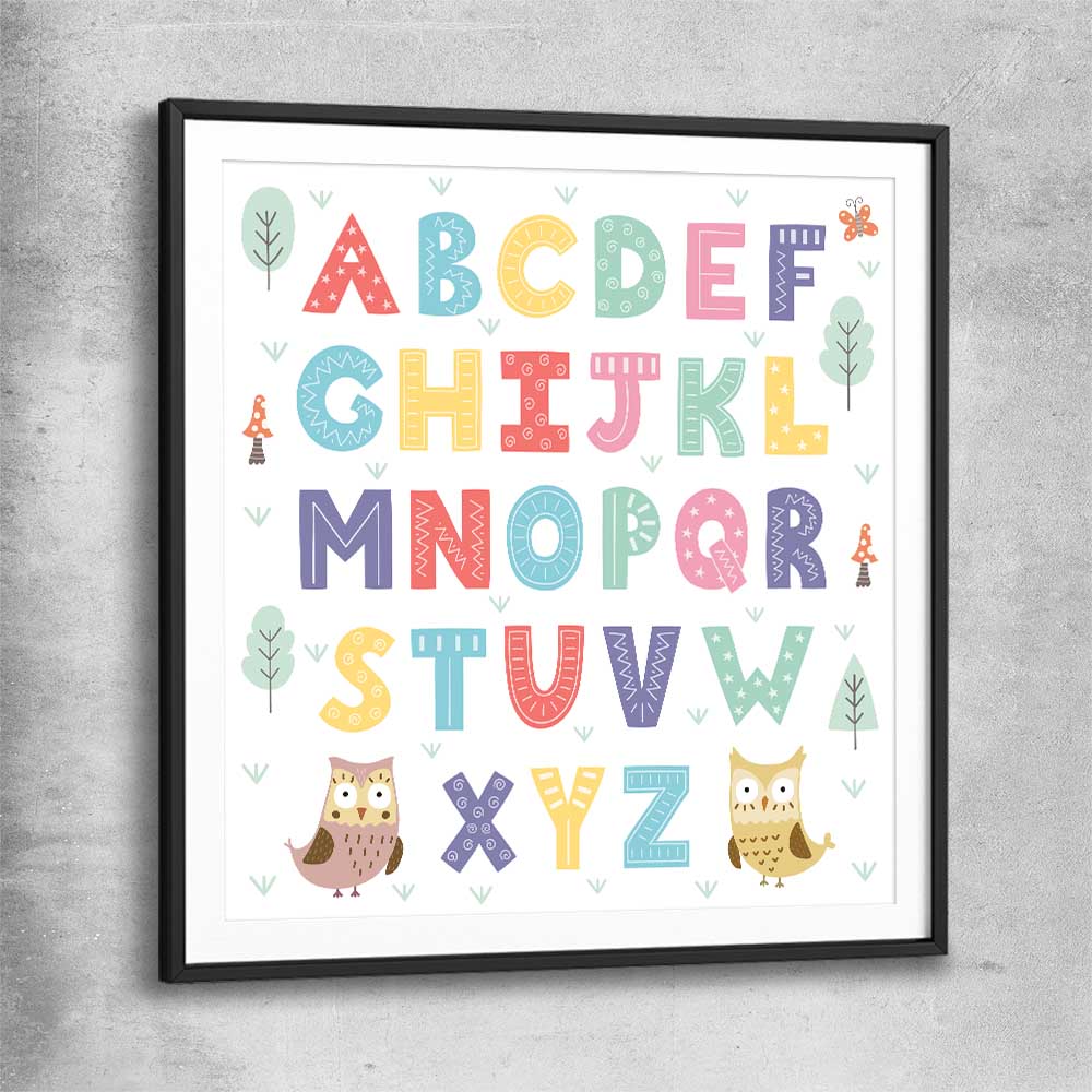 Alphabet Colours black glass front frame is a nursery canvas wall art and print suited for childrens nursery area