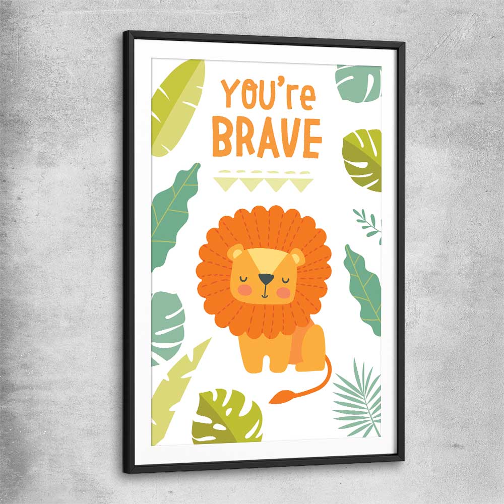 Be Brave black glass front frame is a nursery canvas wall art and print suited for childrens nursery area