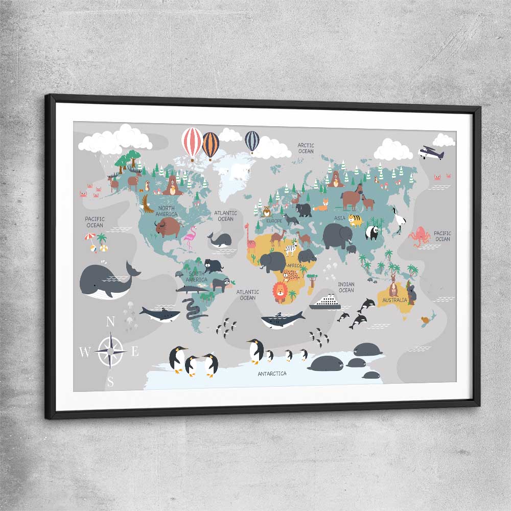 Cartoon World Map black glass front frame is a nursery canvas wall art and print suited for childrens nursery area