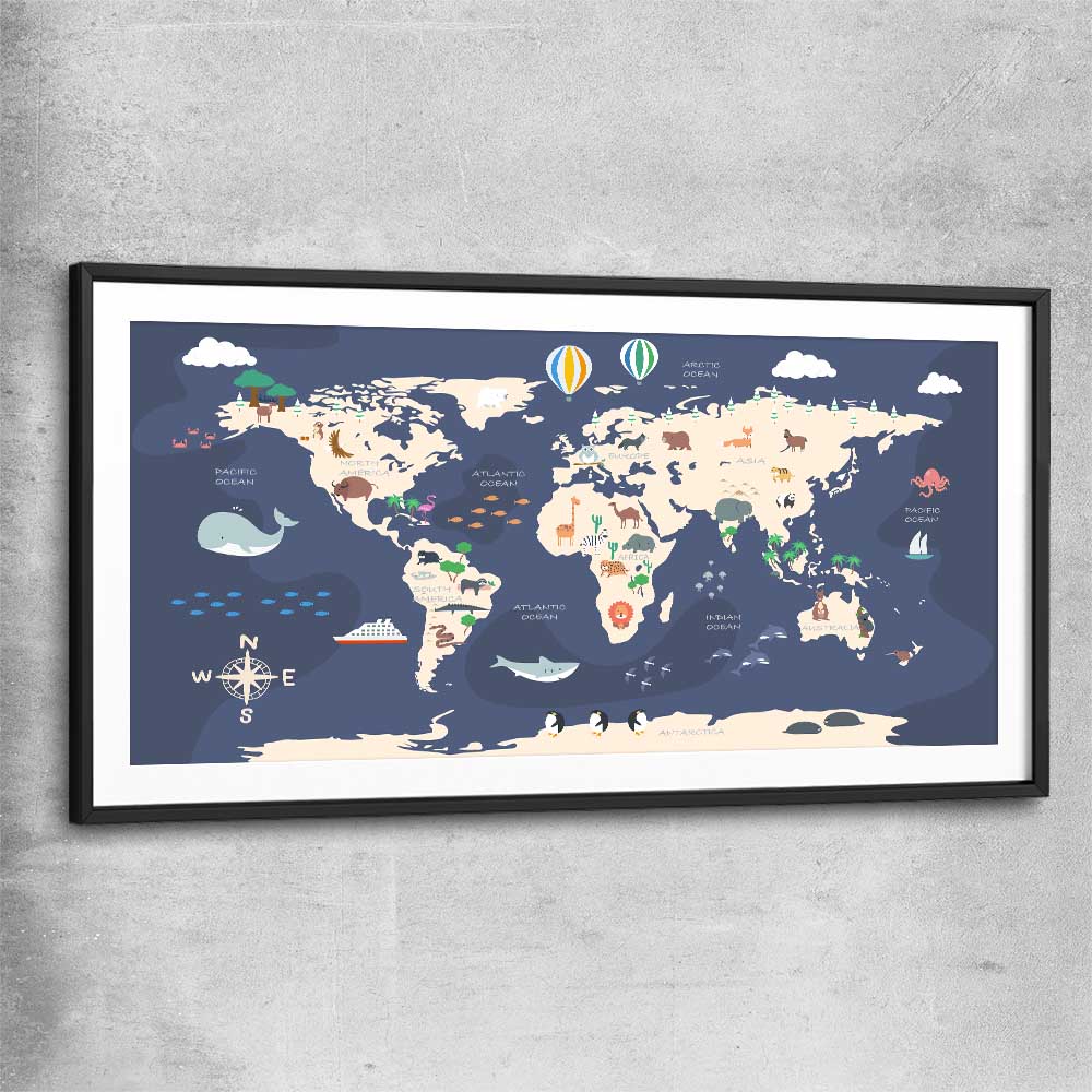 Discovery Map black glass front frame is a nursery canvas wall art and print suited for childrens nursery area