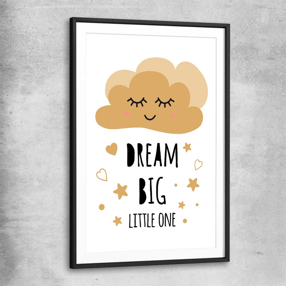 Dream Big black glass front frame is a nursery canvas wall art and print suited for childrens nursery area
