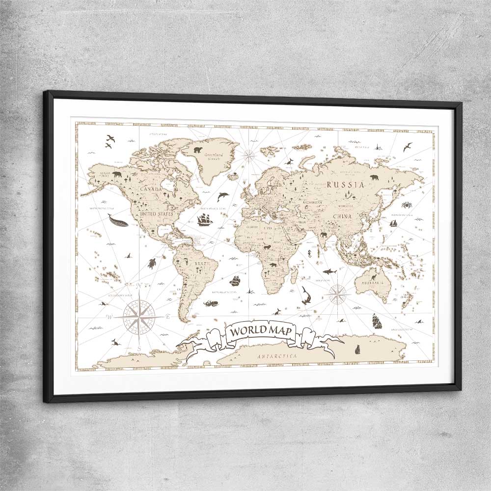 Education Map black glass front frame is a nursery canvas wall art and print suited for childrens nursery area