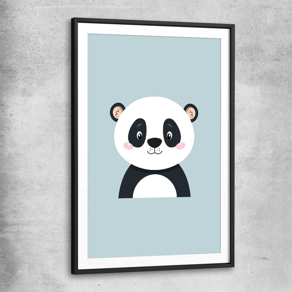 Friendly Panda black glass front frame is a nursery canvas wall art and print suited for childrens nursery area