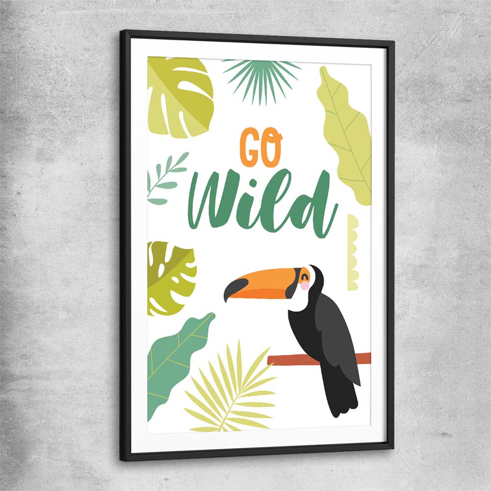 Go Wild black glass front frame is a nursery canvas wall art and print suited for childrens nursery area